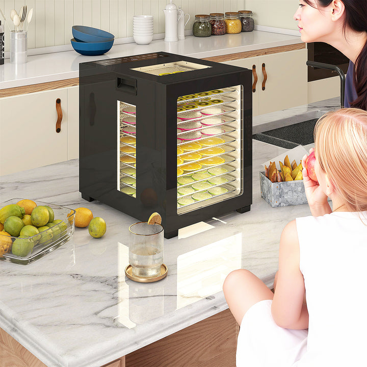 Mad-dehydrator, 850 w, 40-70°c temperaturkontrol, 48-timers timer, 12 bakker, rustfrit stål, sort