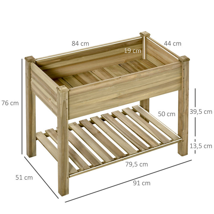 Højbed, hævet træplantekasse med bundhylde, robust konstruktion, drænhuller, 91l x 51b x 76h cm, grøn