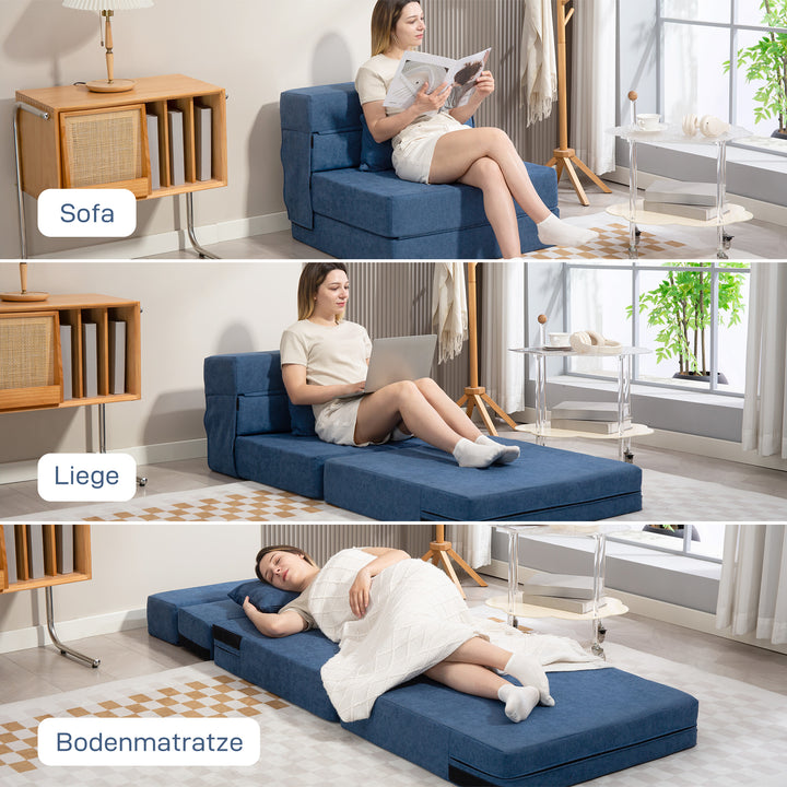 Gulvsofa, polstret, kan omdannes til madras, skum, hynde, mørkeblå