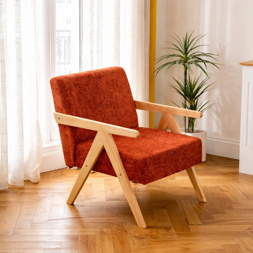 SANTAREM Solid Wood Terracotta Bouclé Lounge Chair