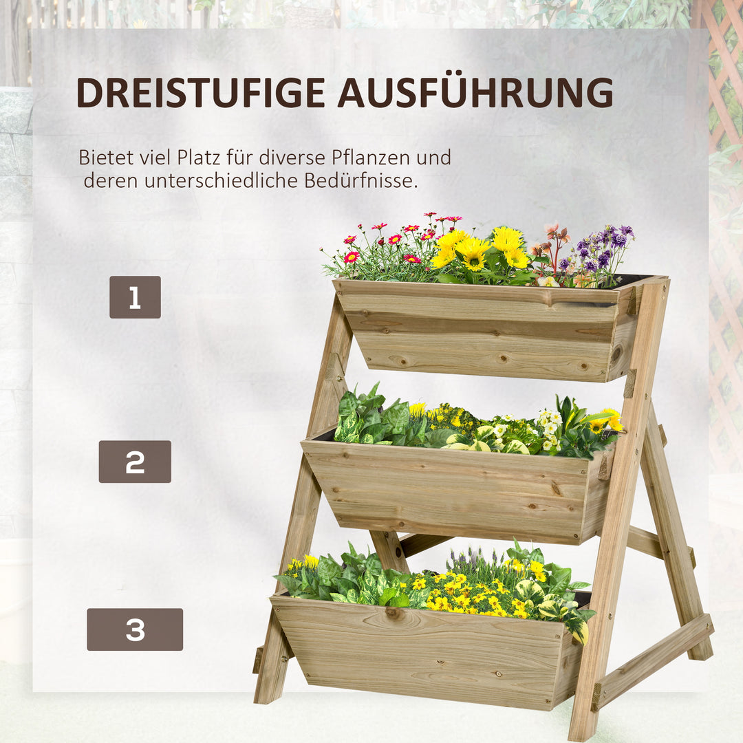 Hævet havebed, træblomsterstige med 3 hylder, plantestativ, plantehylde, plantestativ, blomsterstativ, naturlig finish, 71 x 61 x 77 cm