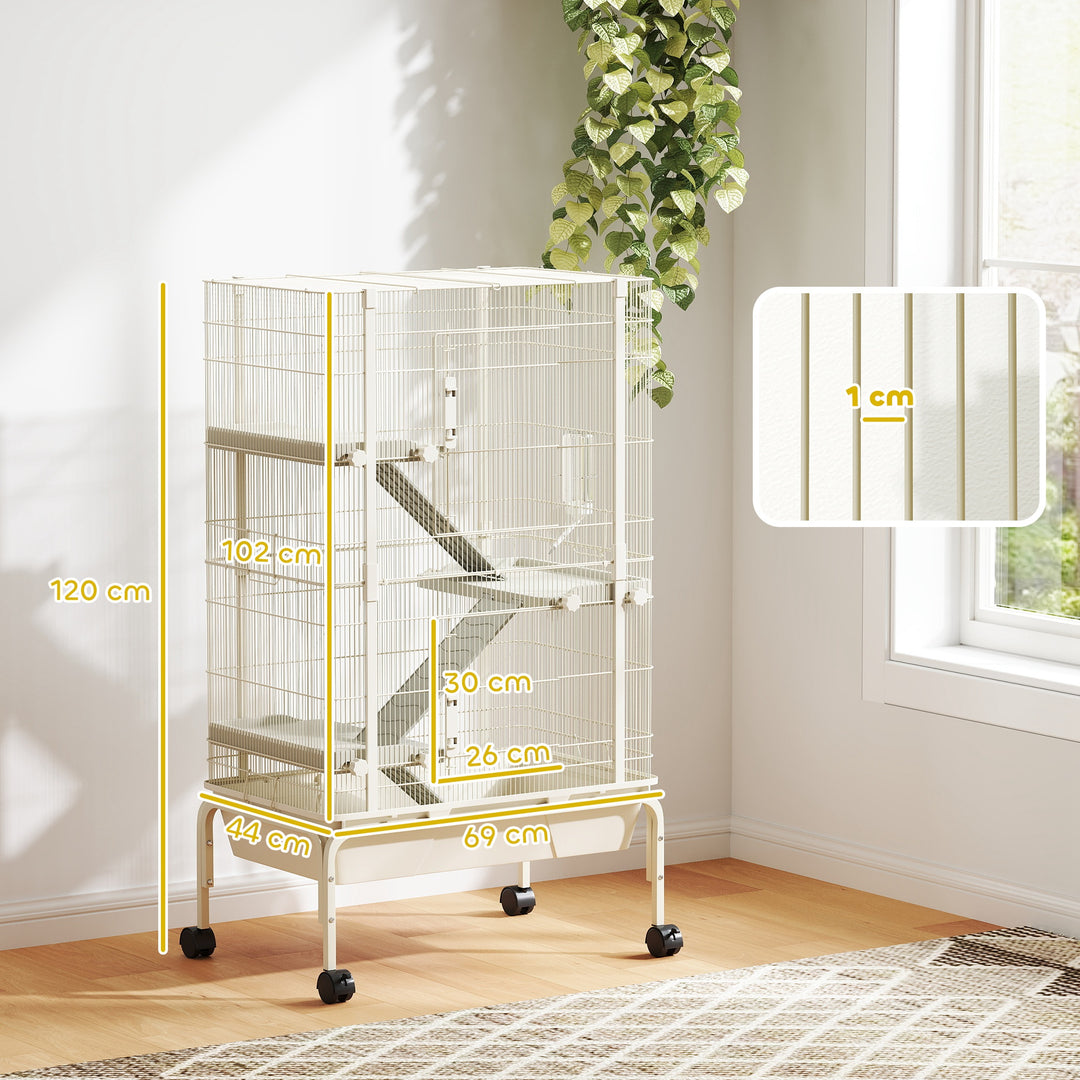 Bur til små dyr, kæledyrsbur med 4 niveauer, madskål, vandflaske, 88 x 48 x 150,5 cm, beige