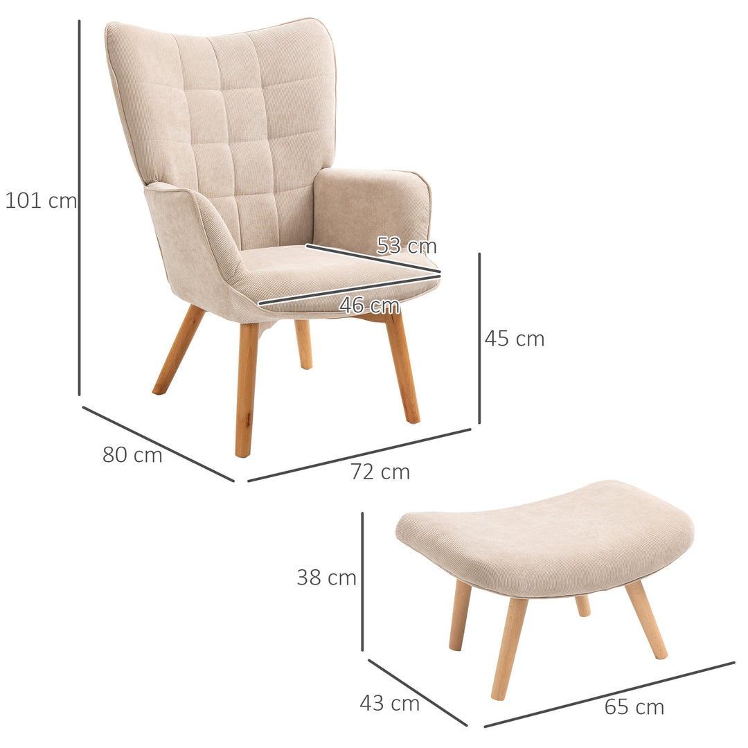 Accentstol med skammel, fløjlsbøjle lænestol, lænestol med træben, til stue, beige