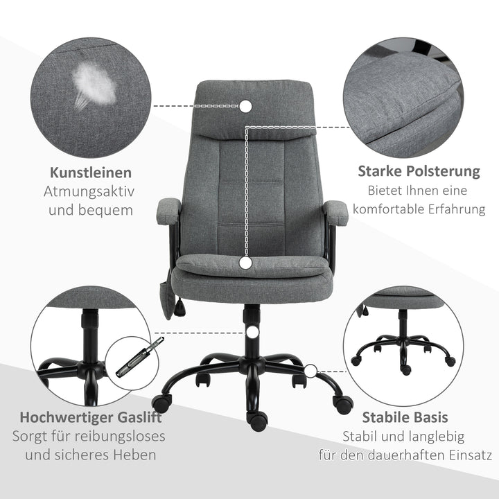 Kontorstol massage højdejusterbar executive chair gaming chair med massagefunktion, ergonomisk drejestol massagestol lændemassage hørfornemmelse grå 63 x 70 x 112-121 cm