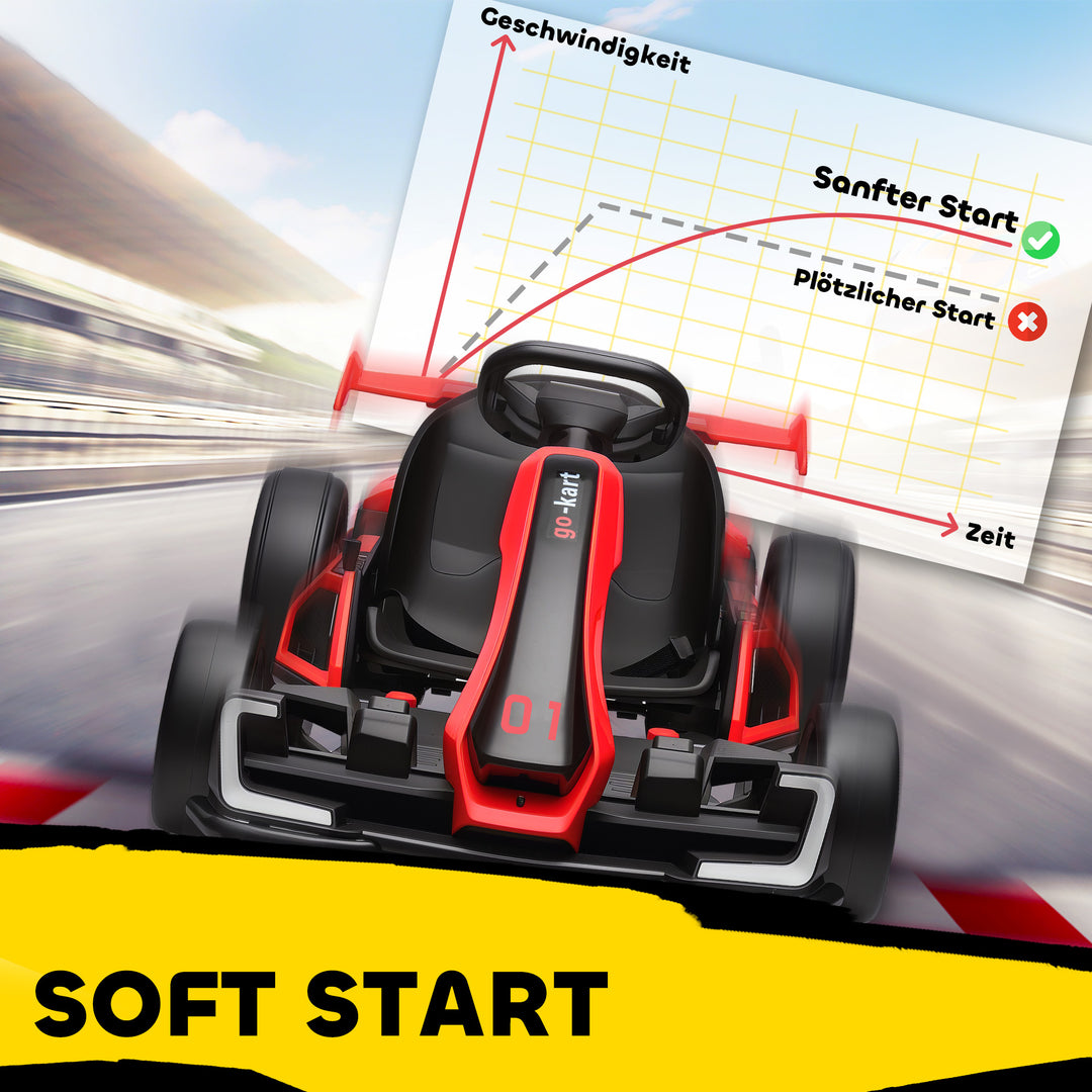 Gokart til børn, elektrisk kart med horn og musikfunktion, justerbart sæde, op til 12 km/t, plastik, metal, rød