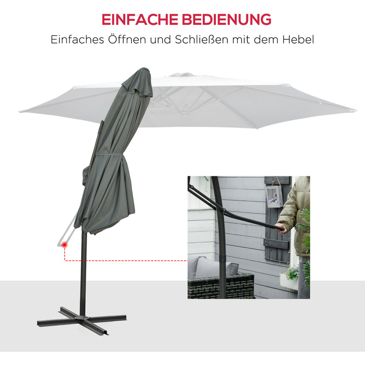 Fritstående parasol Ø293cm, solskærm med sidegreb, krydsfod, vindtæt, vandafvisende, mørkegrå