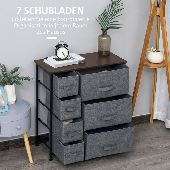 Kommode med 7 foldbare stofskuffer, fleece, metalramme, 63,5 x 30 x 71 cm, mørkegrå