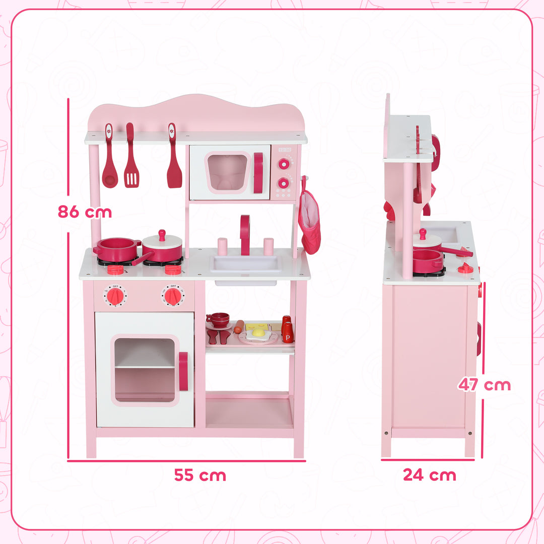 Børnelegekøkken, trætilbehør, køkkenapparater, kompakt, lyde, pink