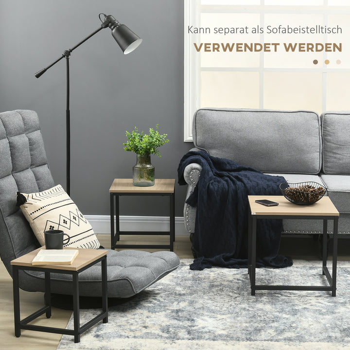 Indskudsbord sæt med 3 sideborde, industridesign, sort stålstel, bordplade i trælook