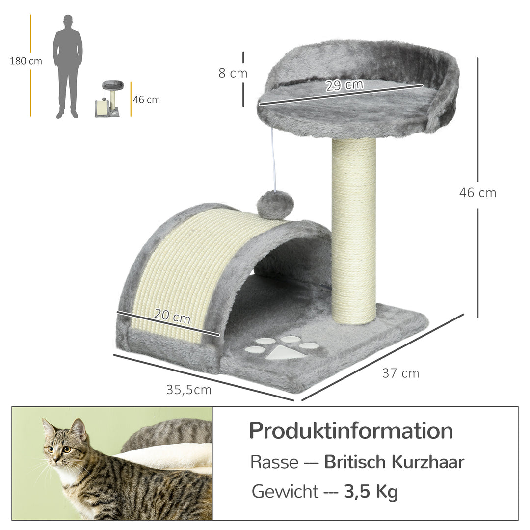 Kradsetræ 46 cm Lille kattetårn med hule, legebold, sisalreb, hævet platform, kradsetræ til katte, klatretræ, til katte op til 4 kg, grå