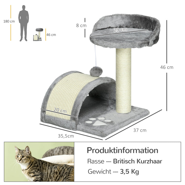 Kradsetræ 46 cm Lille kattetårn med hule, legebold, sisalreb, hævet platform, kradsetræ til katte, klatretræ, til katte op til 4 kg, grå