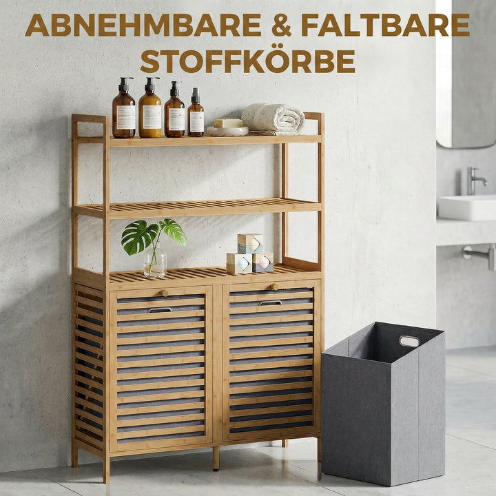Dobbelt linnedskab med vippefunktion, fritstående bambusskab, 2 udtagelige kurve, 3 opbevaringsrum, eg