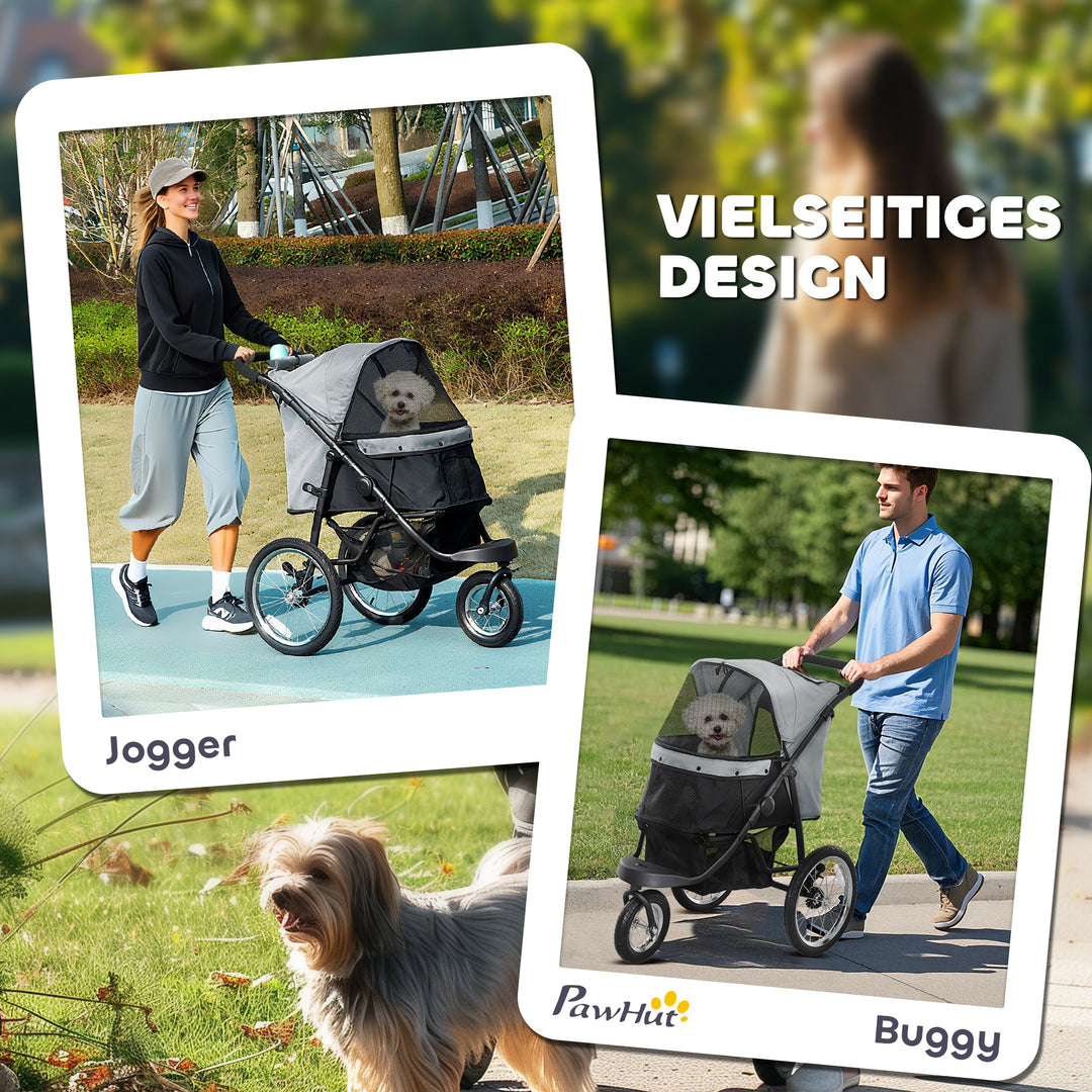 Hundevogn, kæledyrsklapvogn til små hunde og katte, med opbevaringskurv, foldbart design med ét klik, grå