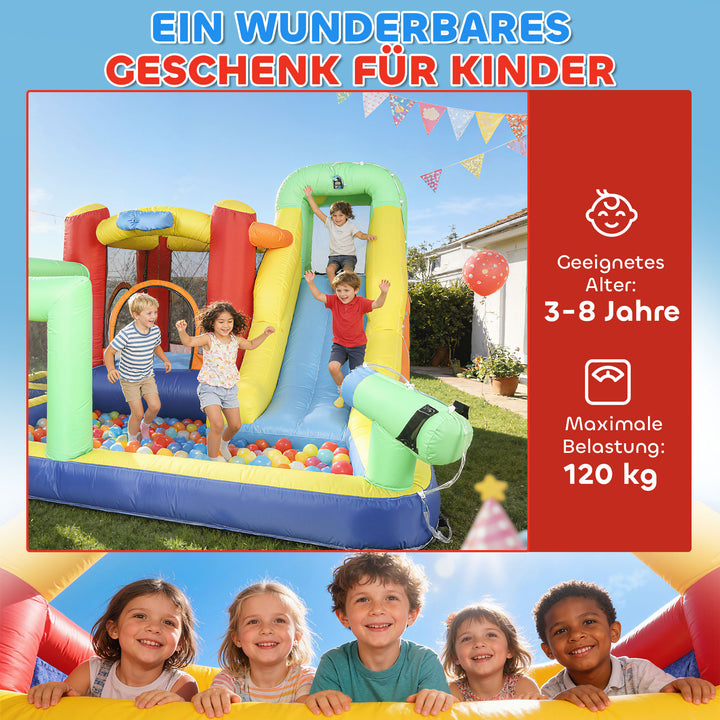 9-i-1 hoppeborg med blæser og sikkerhedsnet, lasteevne op til 120 kg, til alderen 3-8, 330x290x185 cm, flerfarvet