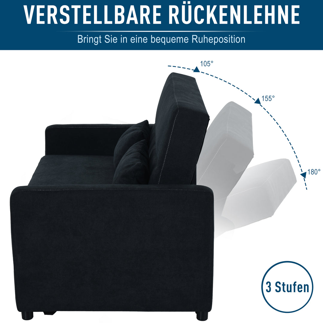 2-Personers sofa med sengefunktion, justerbar ryglæn, polstret sofa, fløjlslook, til stue, soveværelse, sort