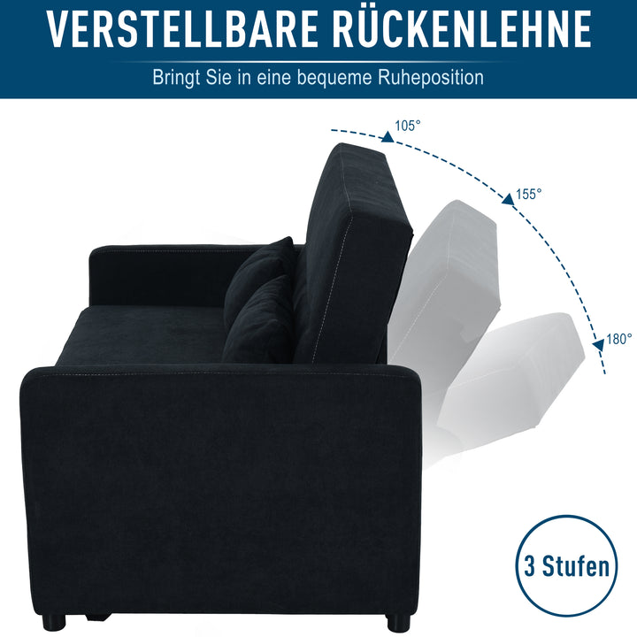 2-Personers sofa med sengefunktion, justerbar ryglæn, polstret sofa, fløjlslook, til stue, soveværelse, sort
