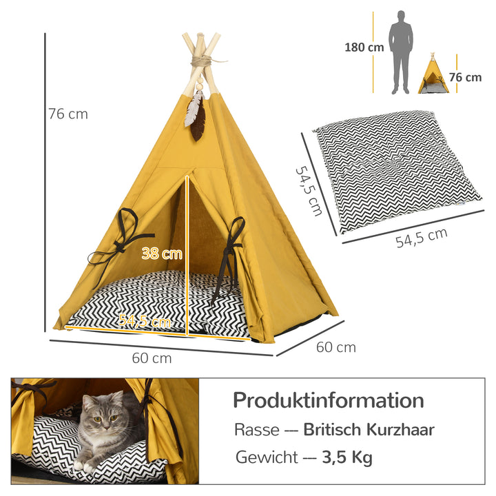 Kæledyrsseng, sødt tipi-design, med blød hynde og gulvmåtte, til hunde og katte, 60 x 60 x 76 cm