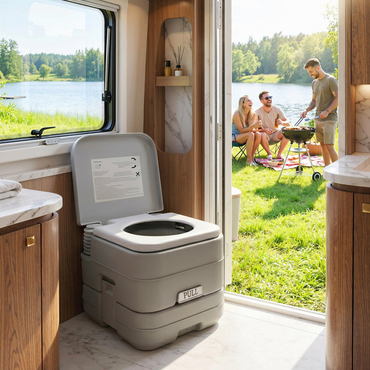 Udendørstoilet, transportabelt toilet, spildevandstank, skylletank, plastik, låg, grå