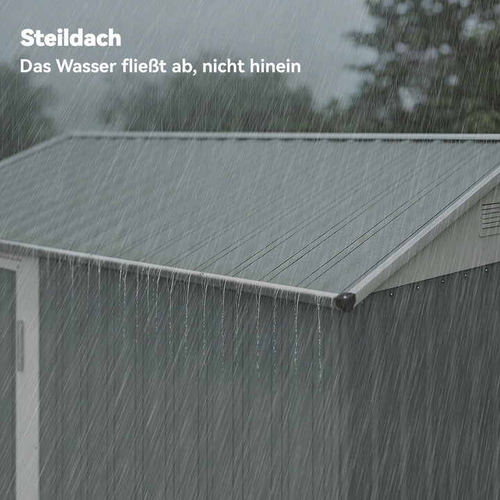 Metalskur 3,5 m², højt aflåseligt skur med skråtag, ventilation, handsker, 209 x 177 x 236 cm