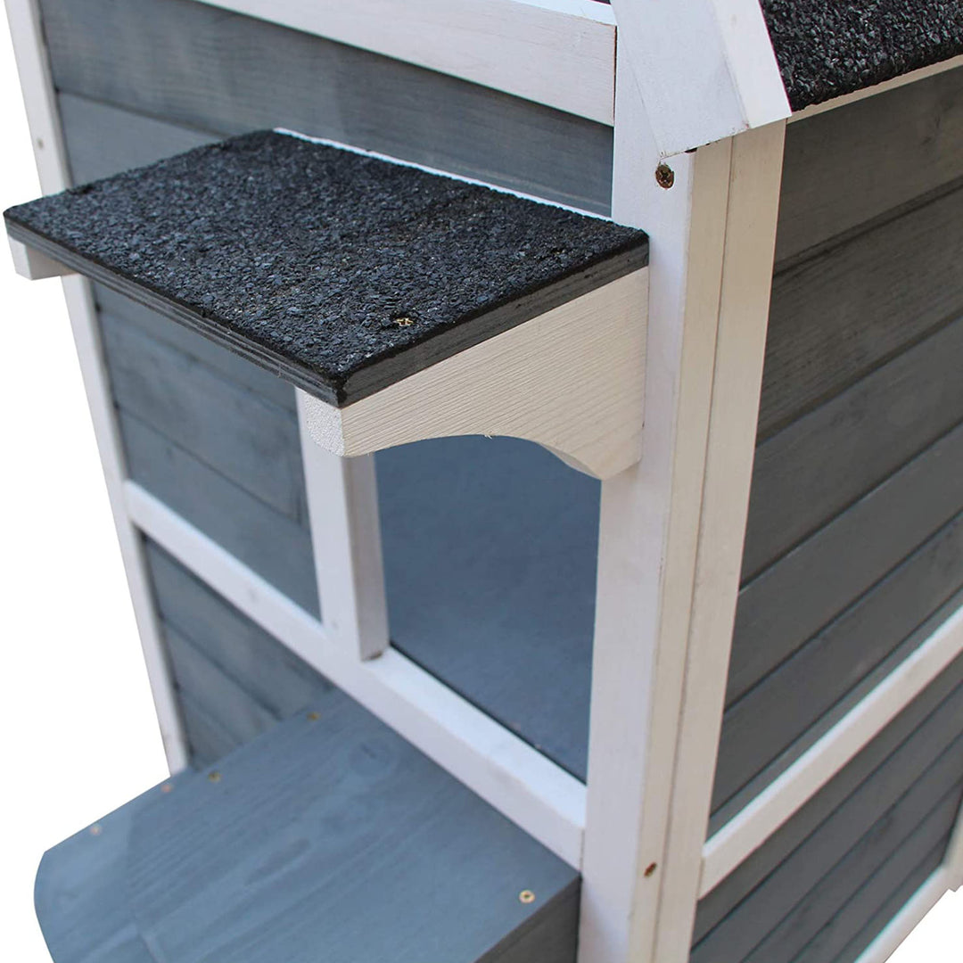 Trækattehus 2 etager vintertæt vandtæt kattehus med asfalttag trappe vindue kattehule udendørs ly til udendørs have balkon 51 x 51 x 81,3 cm grå