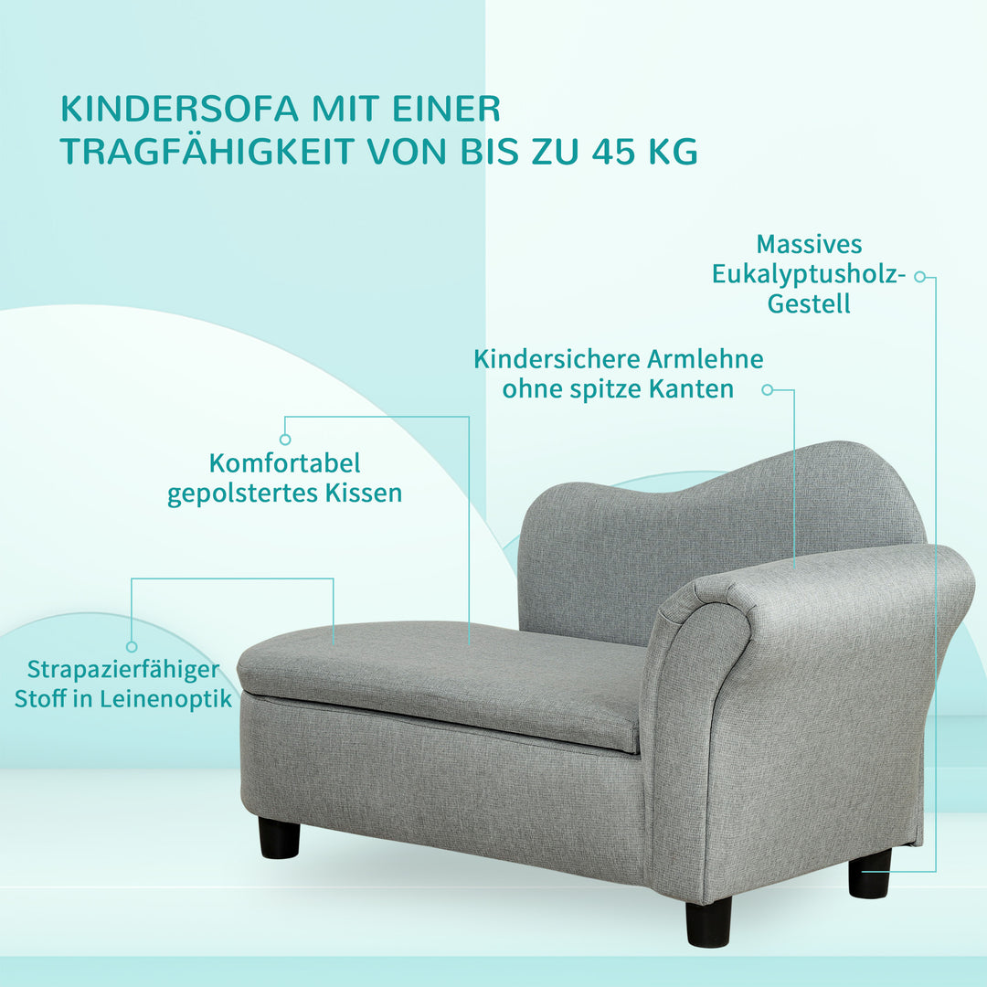 Børnesofa, chaiselong, skjult opbevaringsrum, eukalyptustræstel, grå, 80 x 40 x 49 cm