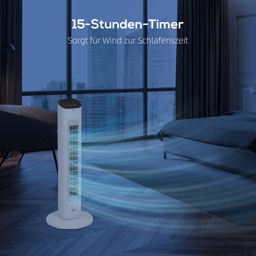 85° oscillerende tårnventilator med fjernbetjening, 3 hastigheder, 2 tilstande, timer, LED-display, 30x30x78 cm, hvid