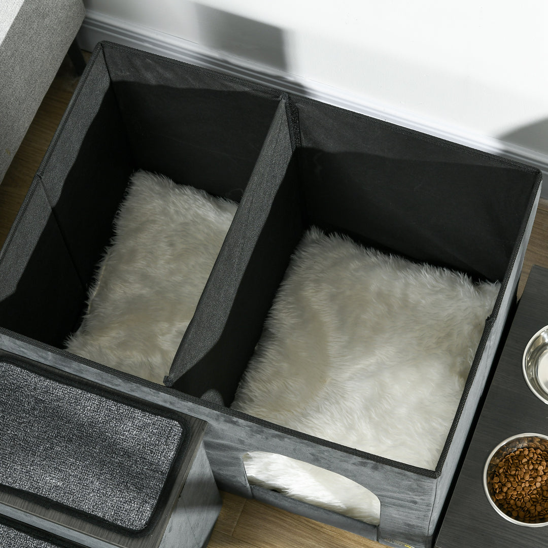 Kattehus kattehule, 3 kæledyrstrapper, 2 madskåle, 70 x 50 x 51 cm, grå