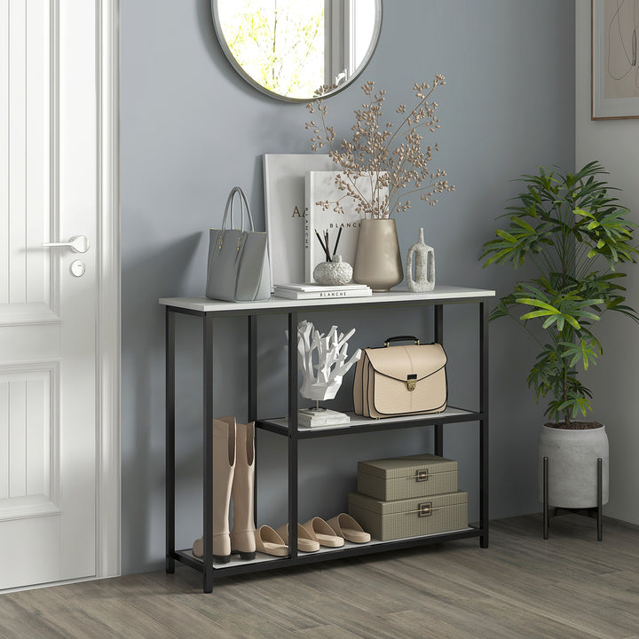 Konsolbord i industrielt design, 2 hylder, marmorlook, sort + hvid