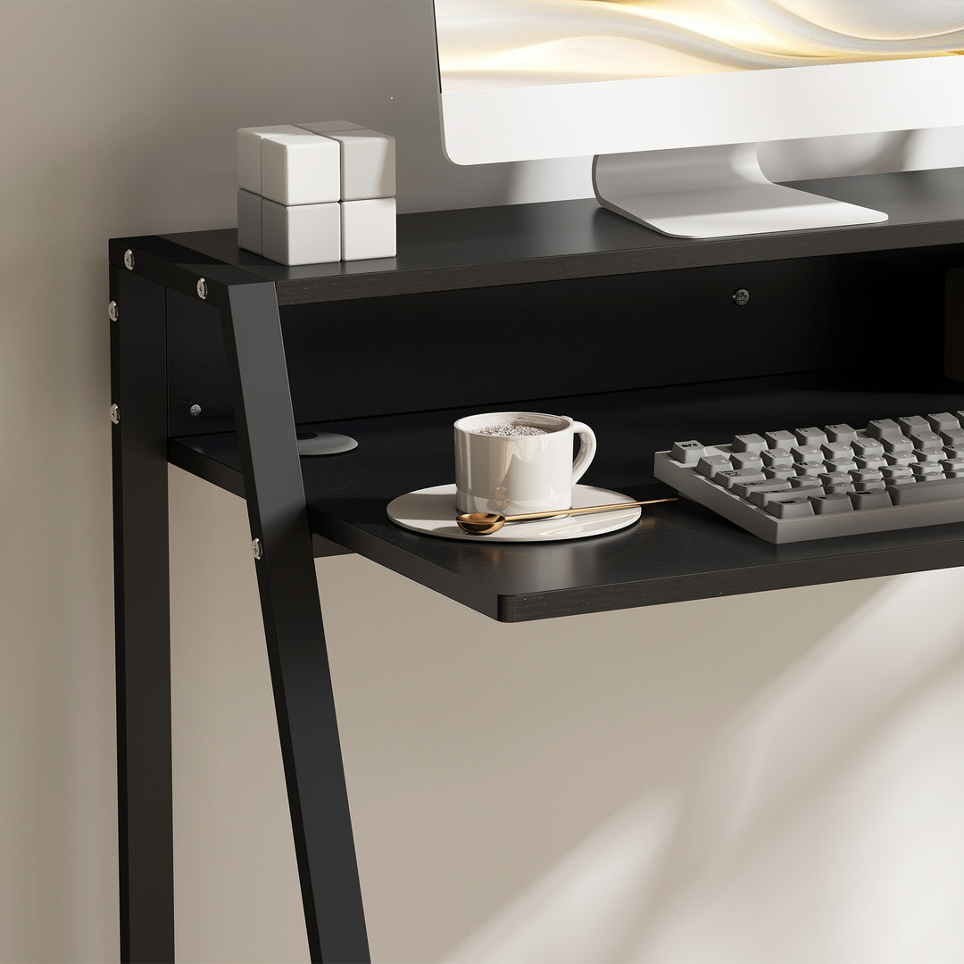 Skrivebord, computerbord med opbevaring og kabelhåndtering, moderne skrivebord med metalramme til studie, soveværelse, hjemmekontor, 84 x 45 x 85 cm, sort