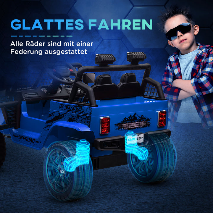 Elbil til børn med blød affjedring, fjernbetjening, led-lyster, horn, 12v motorer, plastik og metal, blå