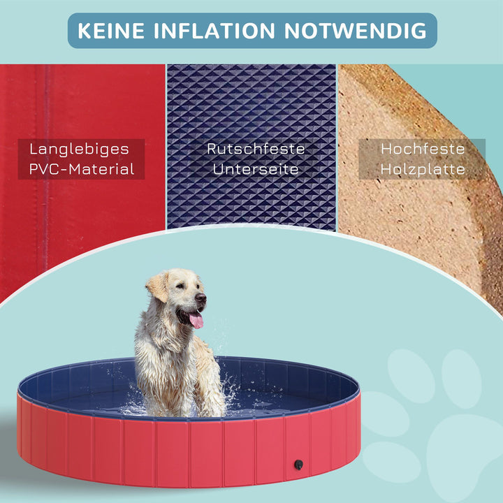 Sammenklappeligt hundebadekar, hundebassin, børnebassin, swimmingpool, vandbassin til hunde og katte, swimmingpool af plastik og træ, rød, Ø160 x 30H cm