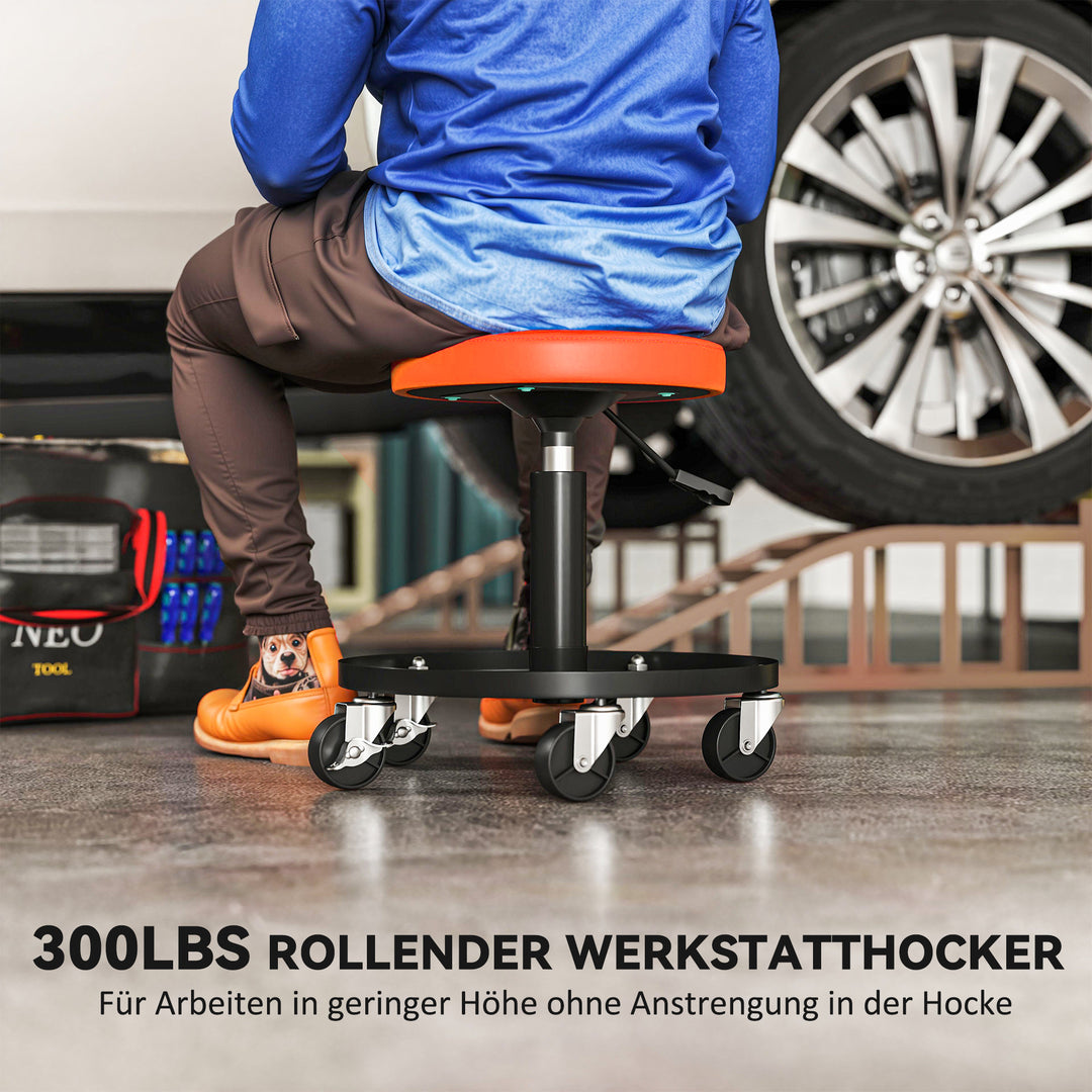 Værkstedsskammel med hjul, højdejusterbar 38-50 cm, maksimal belastning 135 kg, orange