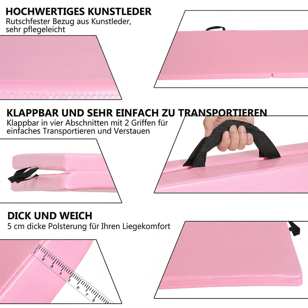 Sammenklappelig træningsmåtte med håndtag til yoga, MMA, fitness, pilates, syntetisk betræk, 180 x 60 x 5 cm, pink