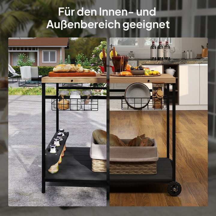 Serveringsvogn, køkkenvogn, 2 hylder, 4 flaskeholdere, indendørs/udendørs, naturlig/sort