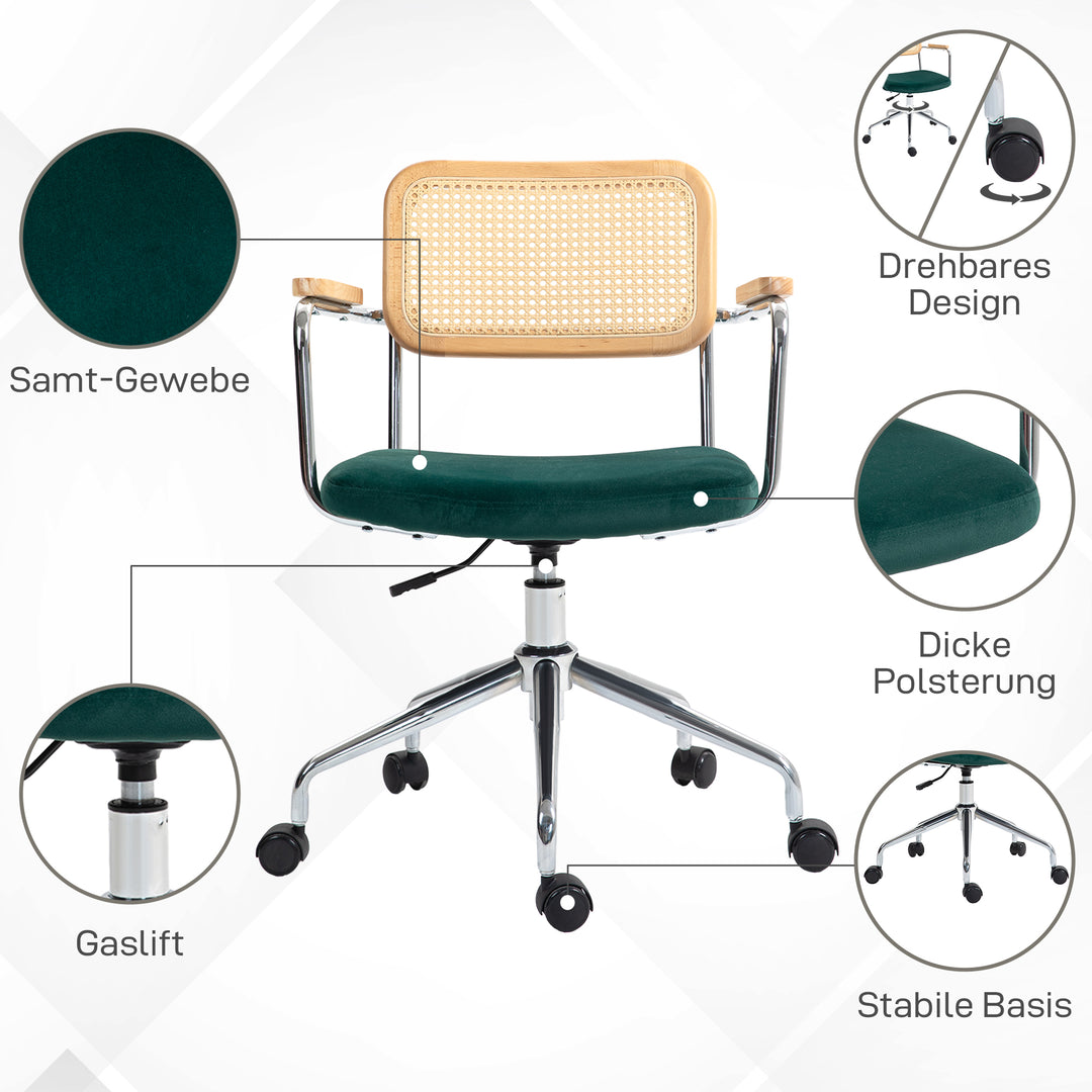 Kontorstol, boho design, armlæn i træ, drejelig, justerbar, op til 120 kg, stål, grøn