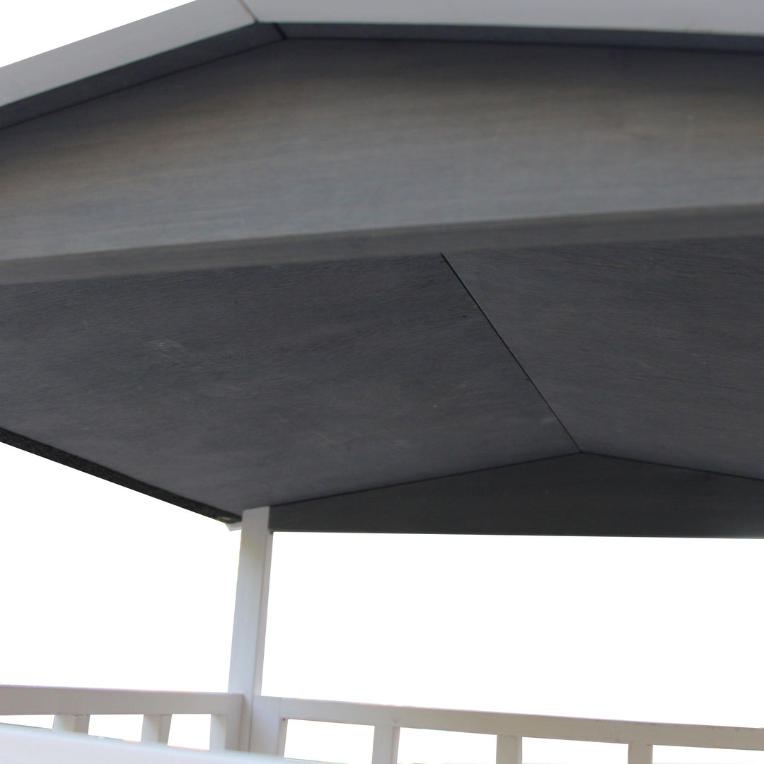 Kattehus, grantræ, udendørs kattehus med terrasse, kattehule, 4 etager, kattevilla med trapper, asfalttag, vintersikkert, smådyrshus, grå, 75,5 x 75 x 137 cm