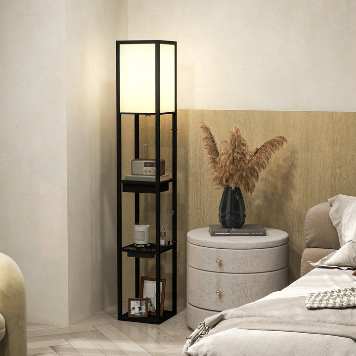 Gulvlampe med 3-lags hylde, fodkontakt, usb-porte, mdf, sort