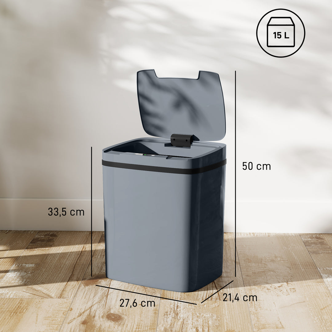Sensoraktiveret 15L automatisk skraldespand med to åbningsmuligheder, til kontor, køkken, 27,6 x 21,4 x 33,5 cm, grå