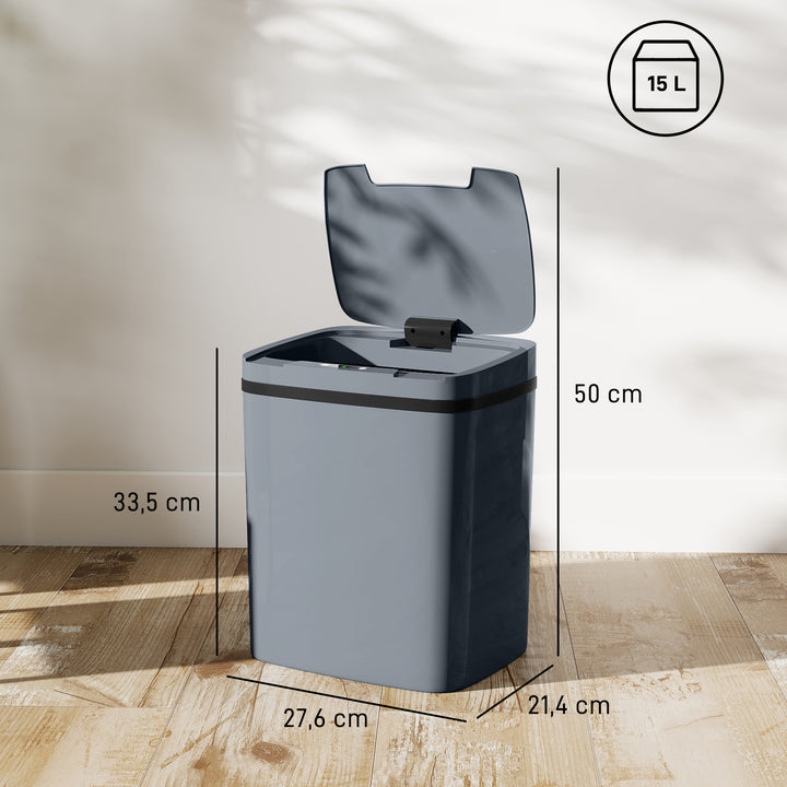 Sensoraktiveret 15L automatisk skraldespand med to åbningsmuligheder, til kontor, køkken, 27,6 x 21,4 x 33,5 cm, grå