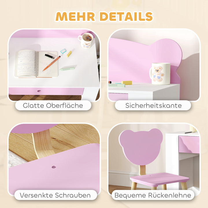 Børne skrivebordssæt, bjørneformet skrivebord og stol med skuffe, til skrivning og kreativitet, alder 3-8, pink