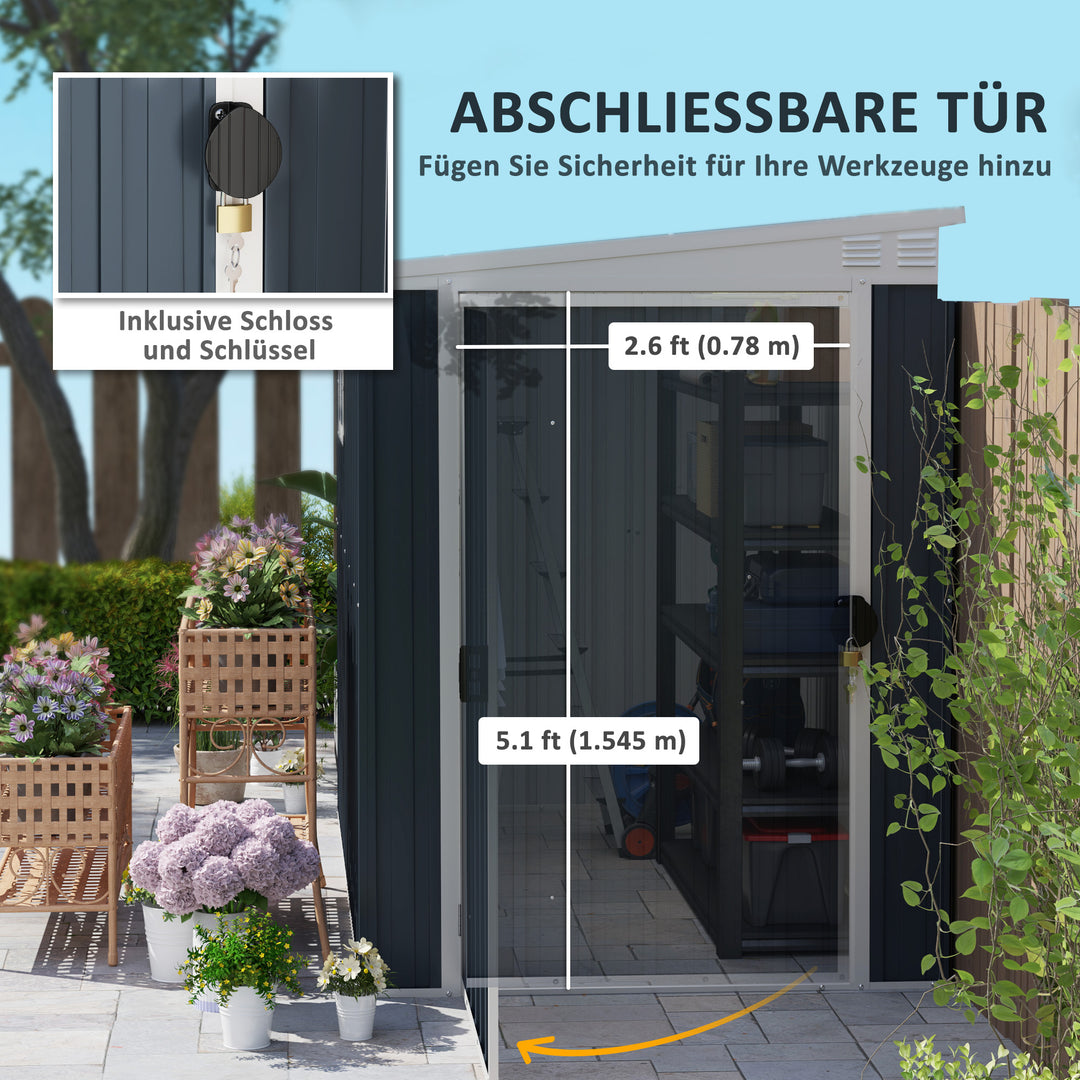 Haveskur, redskabsskur til haveredskaber, vinduer, ventilationsåbninger, aflåselig, stål, mørkegrå