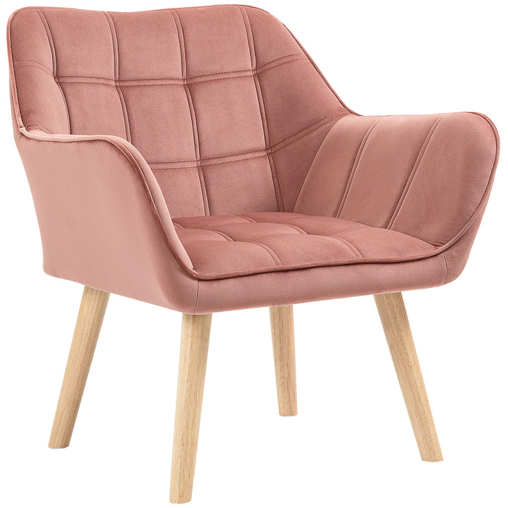 Polstret lænestol, accentstol, skandinavisk design, fløjlslook, op til 120 kg, ben i gummitræ, pink