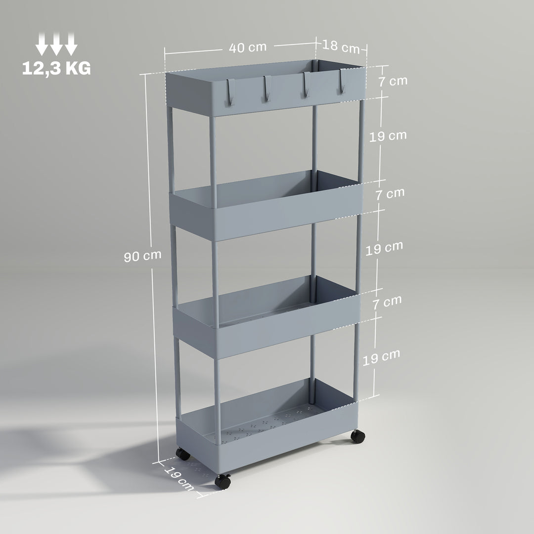 Køkkenvogn med 4 hylder, 4 fleksible kroge, 4 hjul, 40 cm x 19 cm x 90 cm, nichevogn, grå