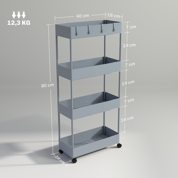 Køkkenvogn med 4 hylder, 4 fleksible kroge, 4 hjul, 40 cm x 19 cm x 90 cm, nichevogn, grå