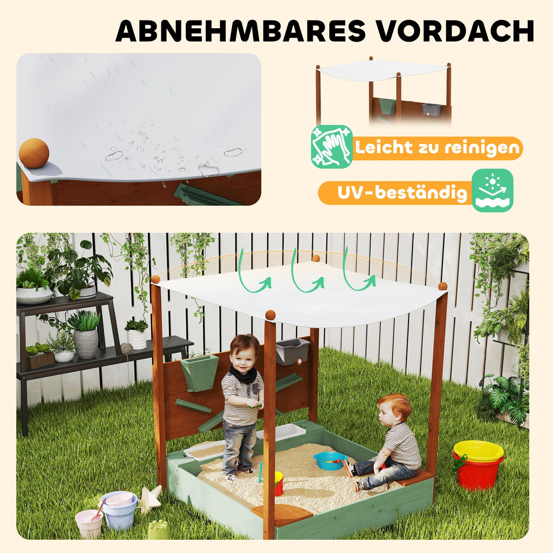 Sandkasse med soltag til børn, 2 opbevaringsbeholdere, 116l x 112,5b x 128h cm, grantræ, plastik, grøn