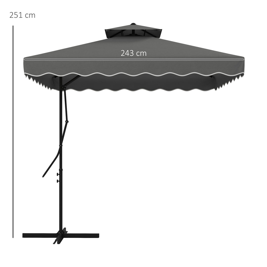 Haveparasol, fritstående parasol, dekorativ kant, ventileret tag, metalramme, 2,4x2,4x2,6m, mørkegrå