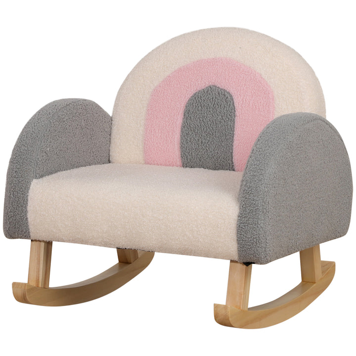 Gyngestol til småbørn, sødt design, kunstigt fåreskind, eukalyptustræ, 50 x 45 x 44 cm, grå+lyserød+creme