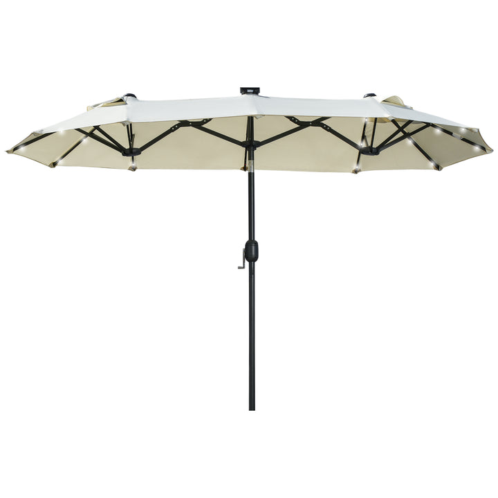 Dobbelt parasol, terrasseparasol, vipbar, med solpanel, 35 LED'er, stålramme, beige, 2,92 x 1,50 x 2,18 m