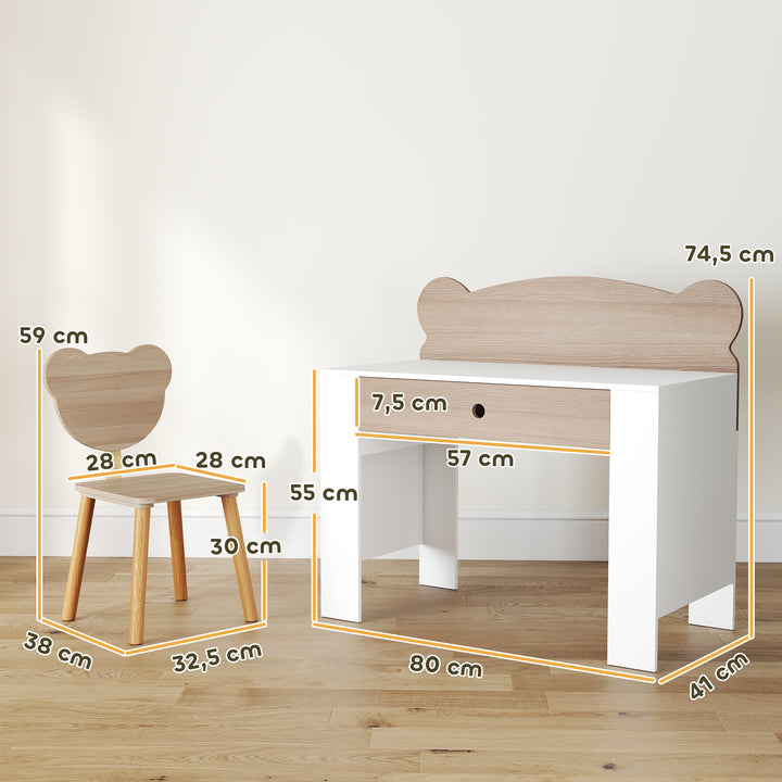 Børne skrivebordssæt, bjørneformet skrivebord og stol med skuffe, til skrivning og kreativitet, alder 3-8, naturtræ