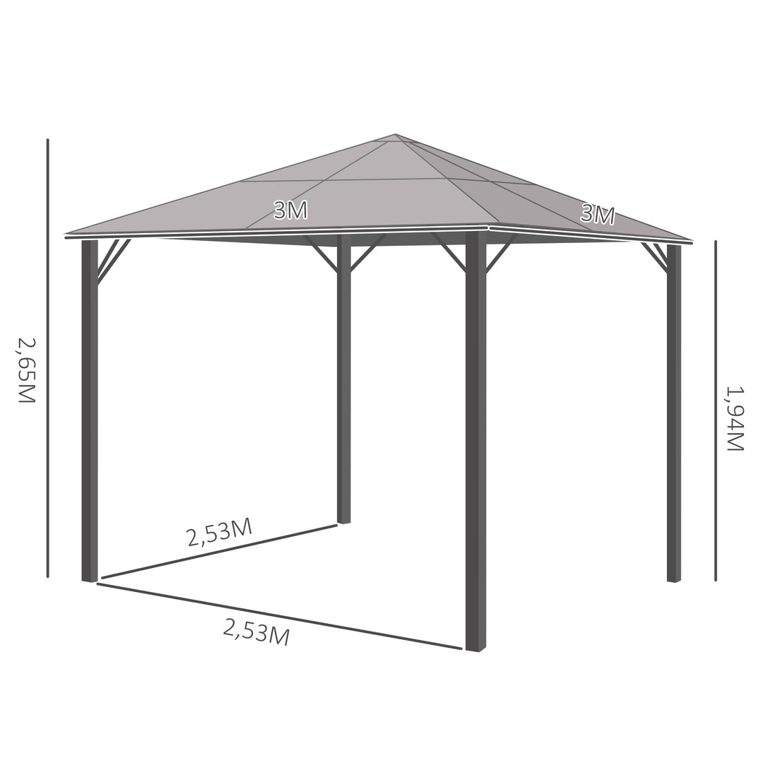 Solrigt lysthus med polycarbonattag, gardiner med fluenet, aluminiumsramme, mørkegrå, 3 x 3 m